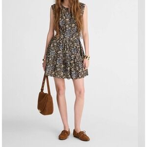 Madewell Floral Split Neck Mini Dress Dark Carob Brown Blue Small NW038
